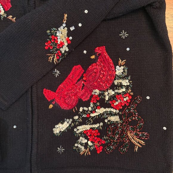 VTG Ugly Christmas Cardigan Sweater Sequined Cardinal Birds Beaded Sz XL Birder - Picture 12 of 12